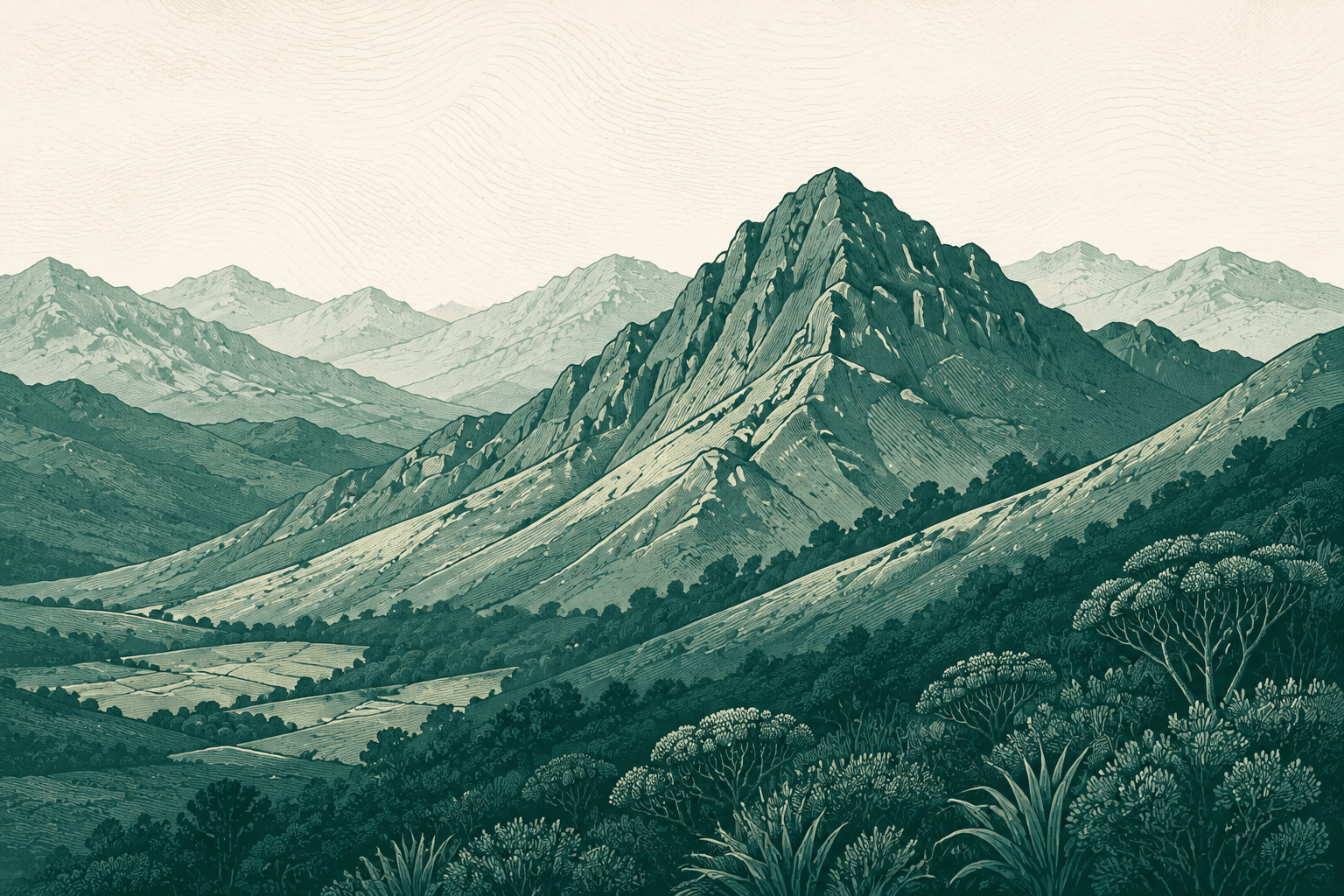 An engraved mountain peak above sage-green valleys.