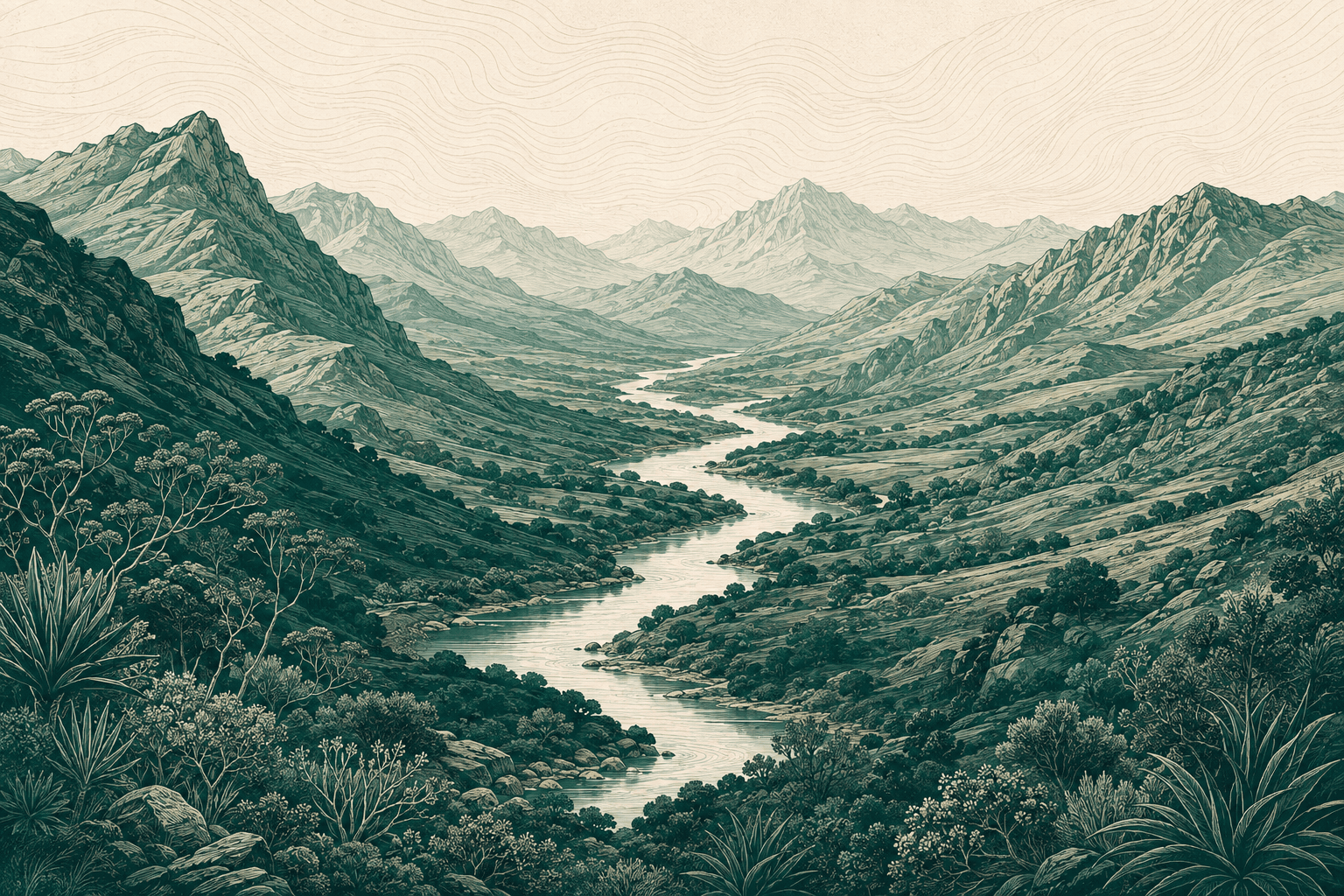 A winding river through layered mountain valleys.